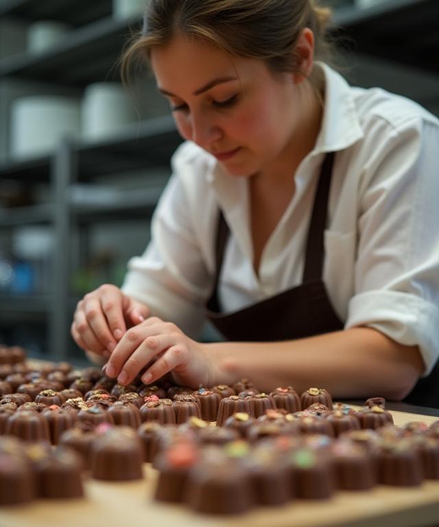 Founder Elara Vance carefully decorating artisan chocolates in the kitchen