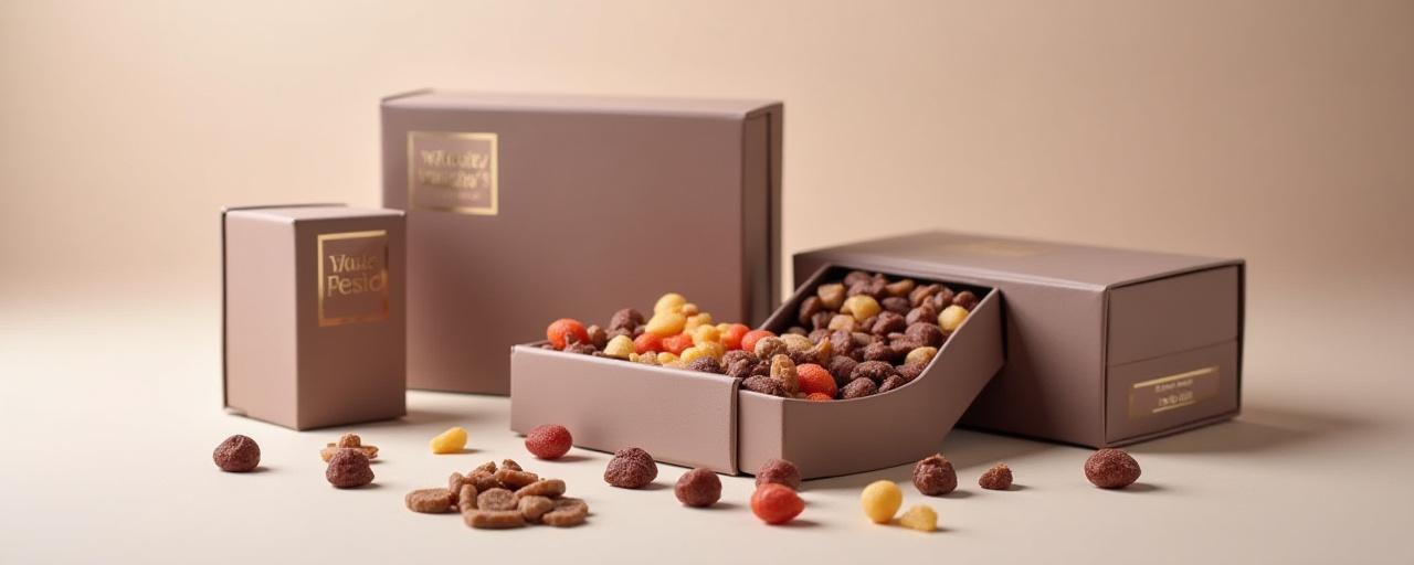 Elegant gift boxes with a corporate logo, filled with artisanal candies