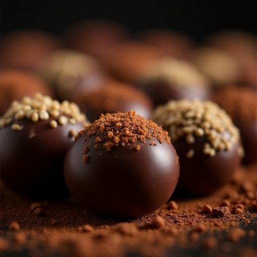 A close-up of assorted artisan chocolate truffles with various toppings
