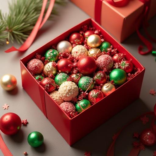 A beautifully packaged seasonal gift box filled with Christmas-themed candies
