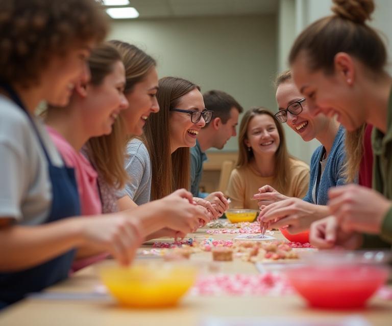 A group of happy people participating in a candy making workshop